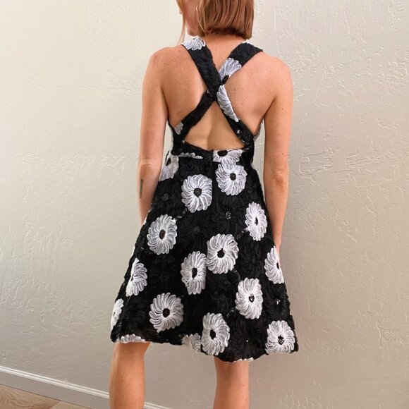 Black Tulle Daisy Flower Embellished Fit + Flare Dress - Picture 3 of 8